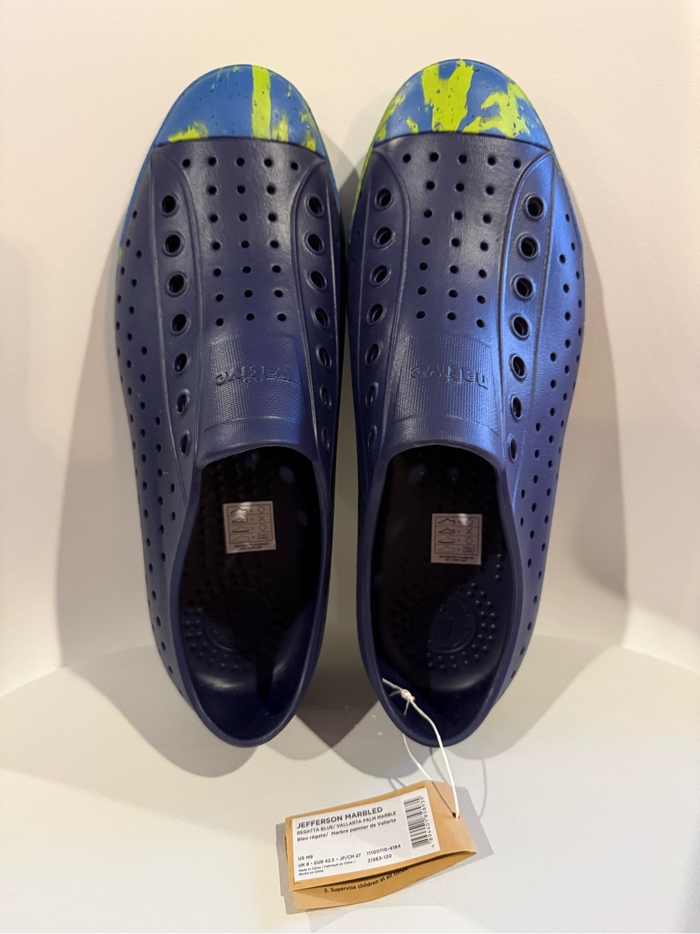 ☀️🌊 Men’s Native Jefferson Navy Blue Slip-On Water Shoes with Neon Paint Accents